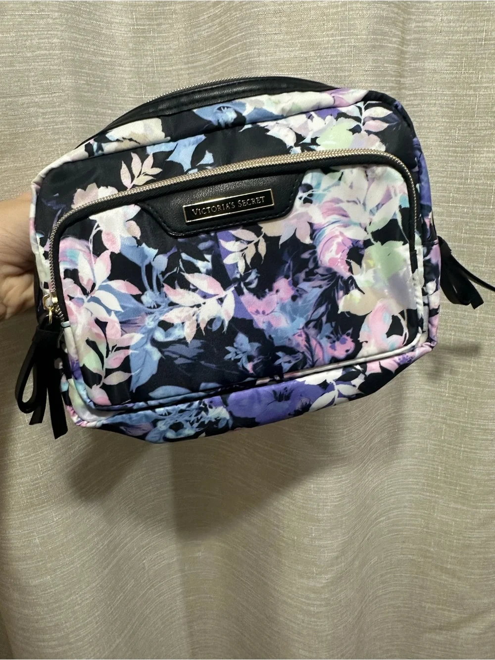 Victoria's Secret Black Multi Floral Nylon Cosmetic Crossbody